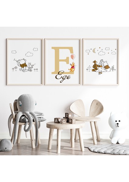 Winnie The Pooh Temalı 3'lü Çocuk Odası Isim Tablo Seti, Bebek ve Çocuk Odası Tablosu