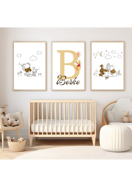 Winnie The Pooh Temalı 3'lü Çocuk Odası Isim Tablo Seti, Bebek ve Çocuk Odası Tablosu