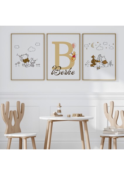 Winnie The Pooh Temalı 3'lü Çocuk Odası Isim Tablo Seti, Bebek ve Çocuk Odası Tablosu