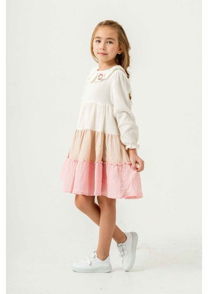 Müslin Renk Geçişli Kız Çocuk Yaka Papatya desenli elbise - Pembe