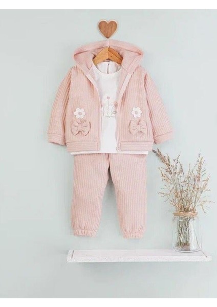 Kız Bebek Papatya Nakışlı Hırkalı 3lü Eşofman Takım