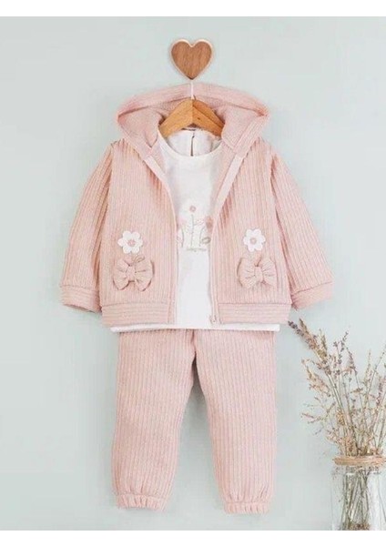 Kız Bebek Papatya Nakışlı Hırkalı 3lü Eşofman Takım modelleri