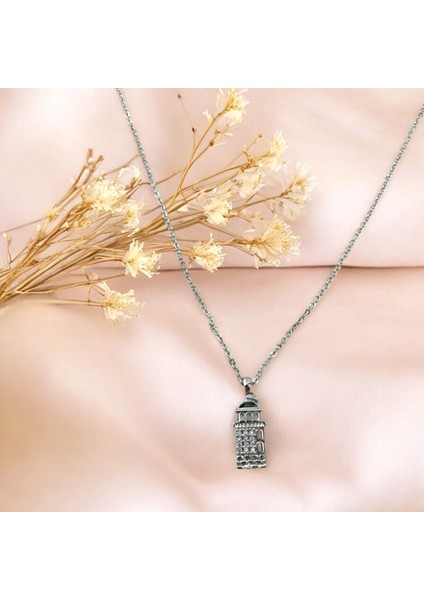 Zirkon Taşlı Kararmaz Gümüş Renk Galata Kulesi Figürlü Kolye modelleri