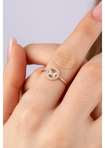 14 Ayar Altın Taşlı Beyaz Mineli Kelebek Yüzük fiyatları