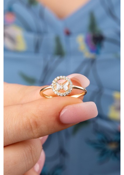 14 Ayar Altın Taşlı Beyaz Mineli Kelebek Yüzük modelleri