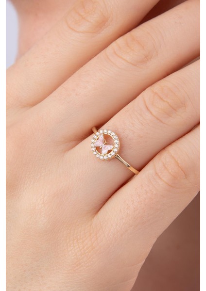 14 Ayar Altın Taşlı Pembe Mineli Kelebek Yüzük