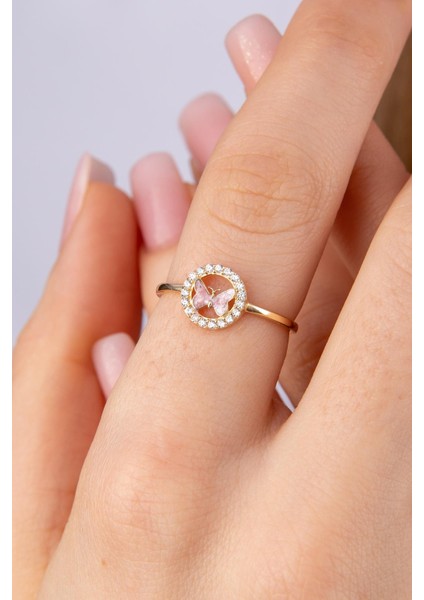 14 Ayar Altın Taşlı Pembe Mineli Kelebek Yüzük fiyatları