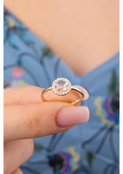 14 Ayar Altın Taşlı Pembe Mineli Kelebek Yüzük modelleri
