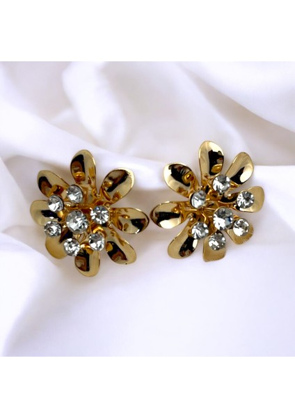 Zirkon Taşlı Gold Çiçek Model Küpe