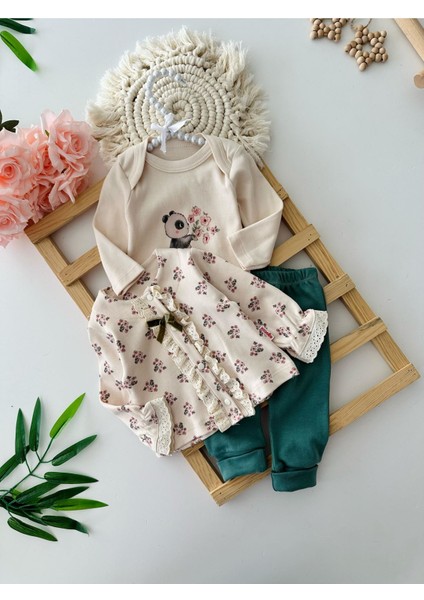Fırfır Fisto Detaylı Pamuk Kız Çocuk 3 Lü Çiçek Desenli kız bebe takım - Krem fiyatları