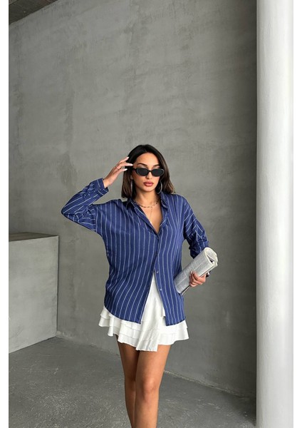 Kadın Çizgili Oversize Likralı Gömlek NBG075