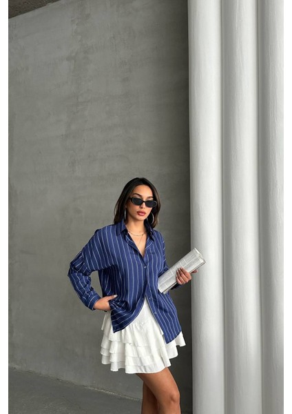 Kadın Çizgili Oversize Likralı Gömlek NBG075 modelleri