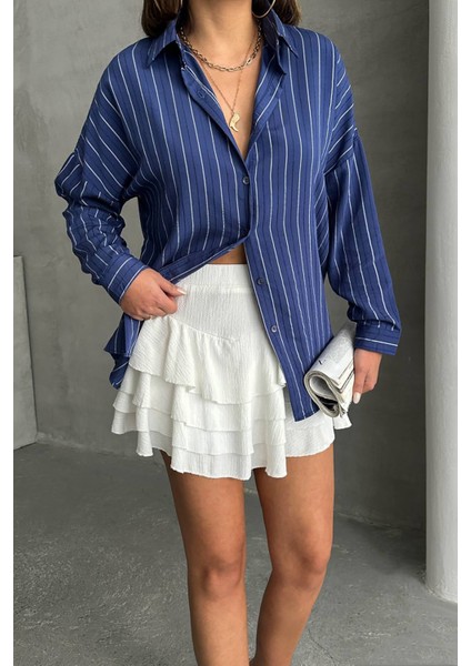 Kadın Çizgili Oversize Likralı Gömlek NBG075 fırsatları