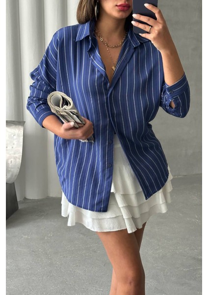 Kadın Çizgili Oversize Likralı Gömlek NBG075 indirimleri