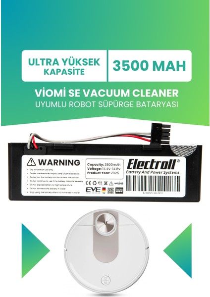 Viomi Se Vacuum Cleaner Uyumlu Batarya (Ultra Yüksek Kapasite) 3500MAH Kutulu Robot Süpürge Batarya