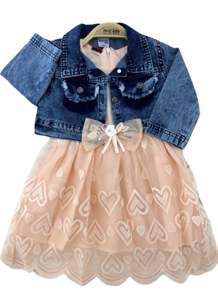 Kalp Desenli Jeans Ceketli Kız Elbise