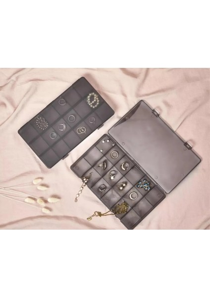 15 Bölmeli Takı, Aksesuar, Küpe Saklama Organizeri 20 x 10 cm Antrasit indirimleri
