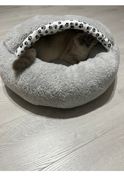 Pet Simit Mağara Yatak - Kedi, Küçük Irk Köpek Yatağı 45X45X16 cm Peluş Kumaş Gri