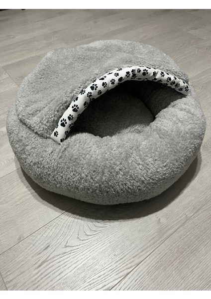 Pet Simit Mağara Yatak - Kedi, Küçük Irk Köpek Yatağı 45X45X16 cm Peluş Kumaş Gri modelleri