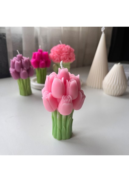 Pembe Lale Buketi Dekoratif Çiçek Kokulu Soya Mum