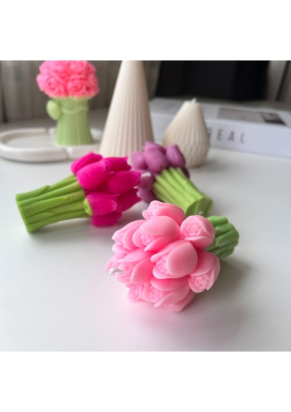 Pembe Lale Buketi Dekoratif Çiçek Kokulu Soya Mum