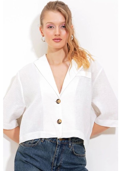 Beyaz Çift Düğmeli Oversize Crop Keten Ceket 0706