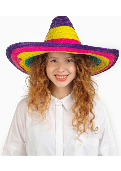 Sombrero Meksika Şapkası Renkli Örme Hasır Çocuk Boy