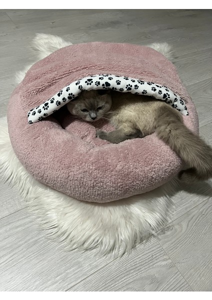Pet Simit Mağara Yatak - Kedi, Küçük Irk Köpek Yatağı 45X45X16 cm Peluş Kumaş Pembe