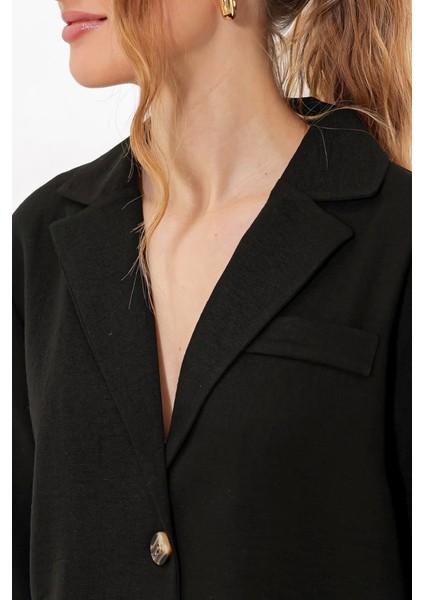 Siyah Çift Düğmeli Oversize Crop Keten Ceket 0706