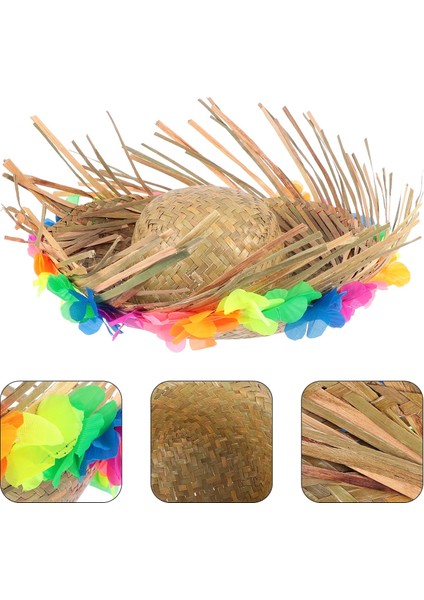 Naturel Renk Püsküllü Örme Hasır Hawaii Luau Aloha Şapka 13X36 cm