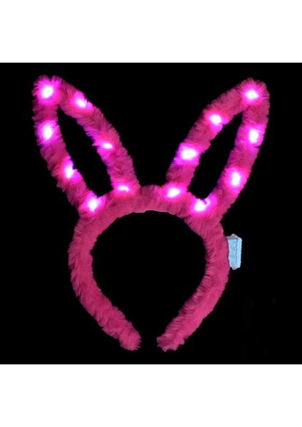 LED Işıklı Peluş Pofuduk Tavşan Kulak Tavşan Taç Şeker Pembesi 17X23 cm