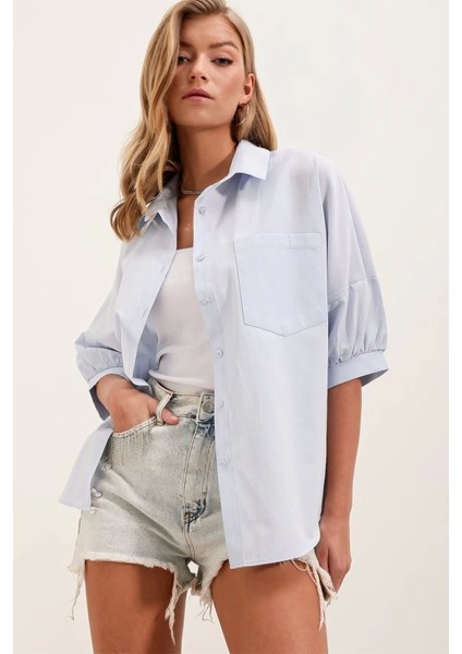 20213 Oversize Kısa Kol Basic Gömlek - Bebe Mavi