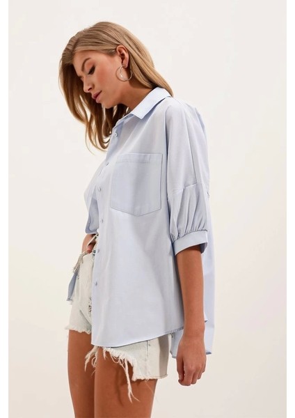 20213 Oversize Kısa Kol Basic Gömlek - Bebe Mavi