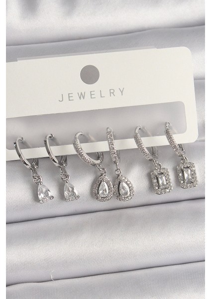 Pirinç Gümüş Renk Sallantı Zirkon Taşlı Damla Model Kadın Küpe Seti