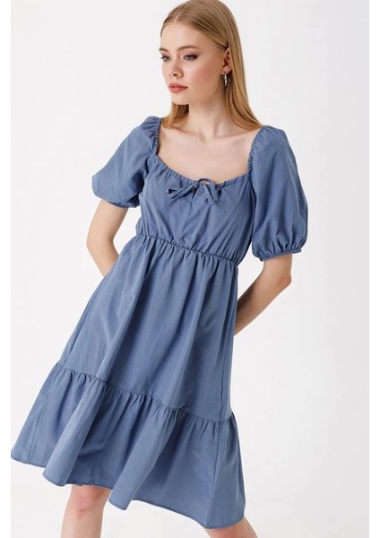 2351 Kloş Poplin Elbise - Indigo