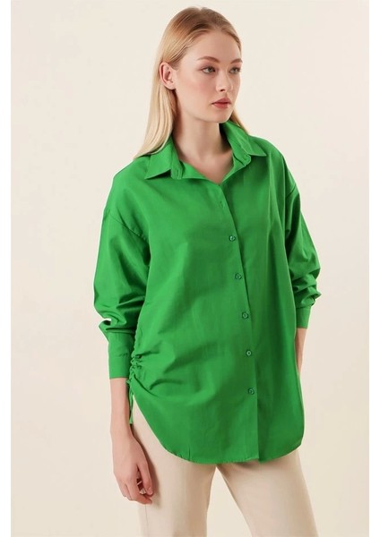 20132 Ip Büzgülü Oversize Gömlek - Yeşil
