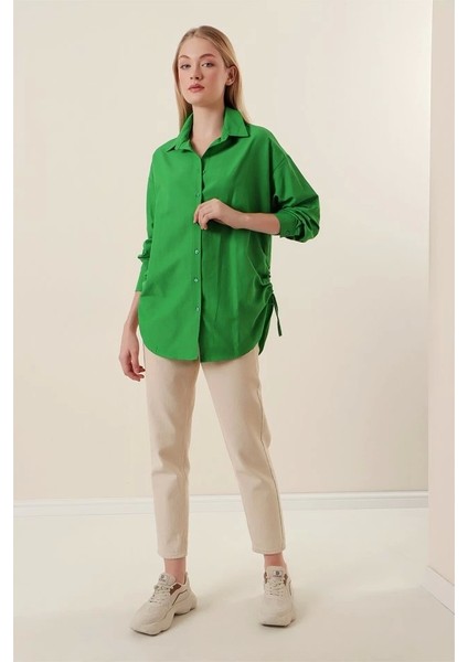 20132 Ip Büzgülü Oversize Gömlek - Yeşil