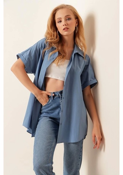 20120 Oversize Kısa Kollu Gömlek Indigo