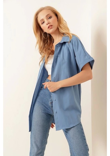 20120 Oversize Kısa Kollu Gömlek Indigo