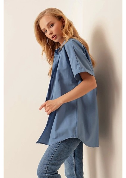 20120 Oversize Kısa Kollu Gömlek Indigo