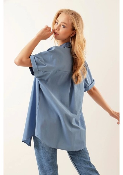 20120 Oversize Kısa Kollu Gömlek Indigo