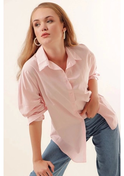 3900 Oversize Uzun Basic Gömlek - Pudra