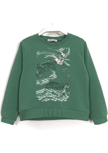 Leylek Baskılı Kız Çocuk Uzun Kollu Sweatshirt Yeşil 001-0002022