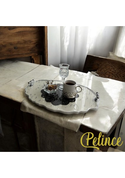 Epoksi Reçine Dantelli Tepsi - Siyah Dantel Gümüş Varak - Eni: 23 Cm boyu: 33 cm