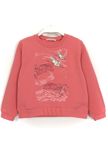 Leylek Baskılı Kız Çocuk Uzun Kollu Basic Sweatshirt Mercan 001-0002023