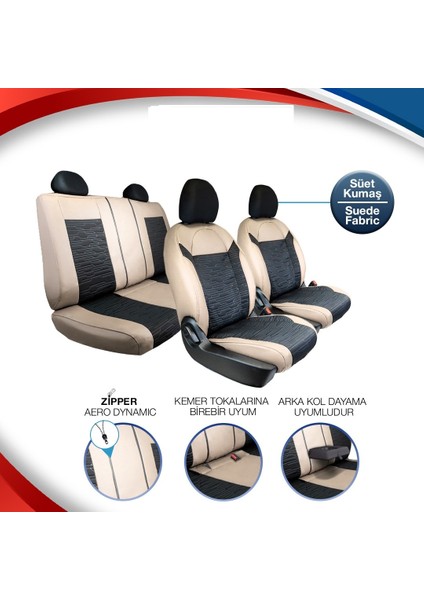 volkswagen Touran Deri Detaylı Süet Oto Koltuk Kılıfı Ön Arka Set Premium Tasarım Bej Siyah Fs