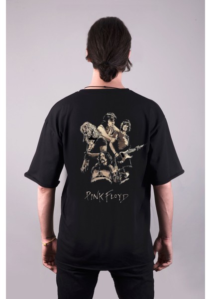 Pink Floyd Müzik Grubu Baskılı Oversize Kalıp Bisiklet Yaka Siyah Tişört T-Shirt