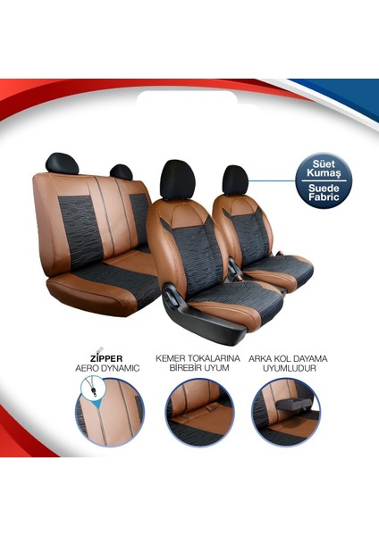 volkswagen Touran Deri Detaylı Süet Oto Koltuk Kılıfı Ön Arka Set Premium Tasarım Kahverengi Siyah Fs