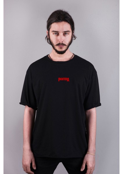 Pantera Müzik Grubu Baskılı Oversize Kalıp Bisiklet Yaka Siyah Tişört T-Shirt