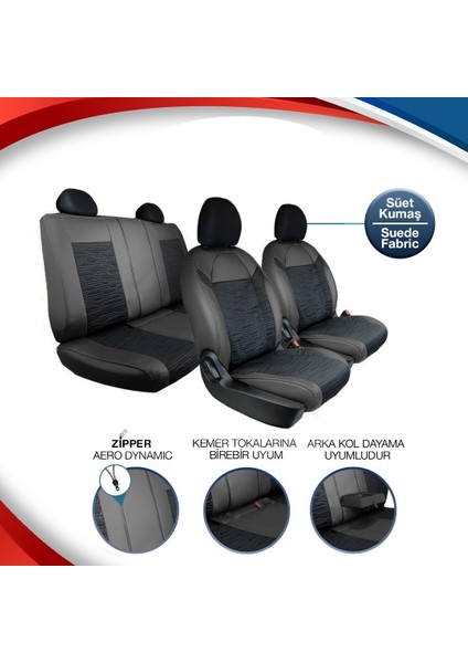 fiat Stilo Deri Detaylı Süet Oto Koltuk Kılıfı Ön Arka Set Premium Tasarım Siyah Fs